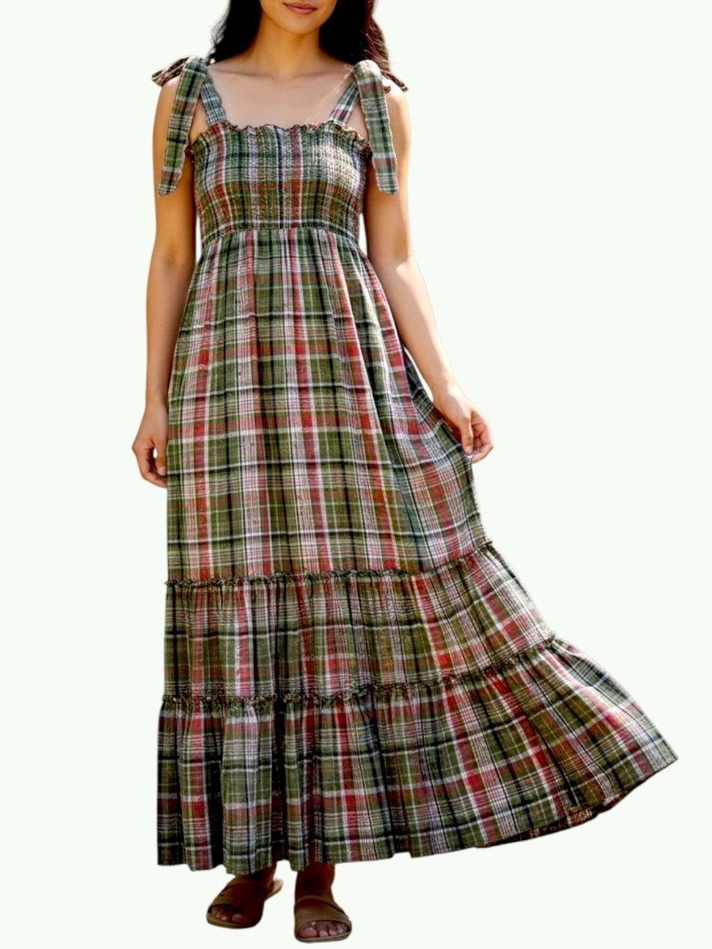 crown & ivy Plaid Smocked Tiered Maxi Dress With Pockets and Scalloped Details